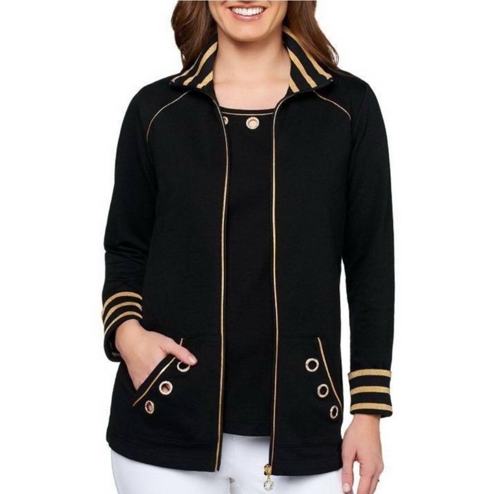 Quacker Factory Zip Up Rhinestone Grommet Gold Trim Jacket Ladies Medium
